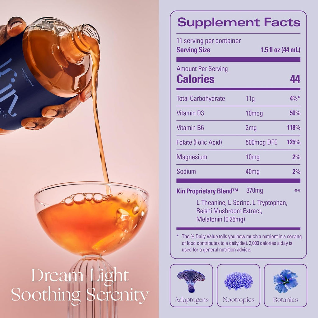 Kin Euphorics Dream Light Non-Alcoholic Soothing Serenity | Adaptogens & Botanicals for Restful Sleep | Reishi Mushroom, L-Theanine, Melatonin | Earthy Oak, Smoky Clove, Spicy Cinnamon | 16.9 fl oz