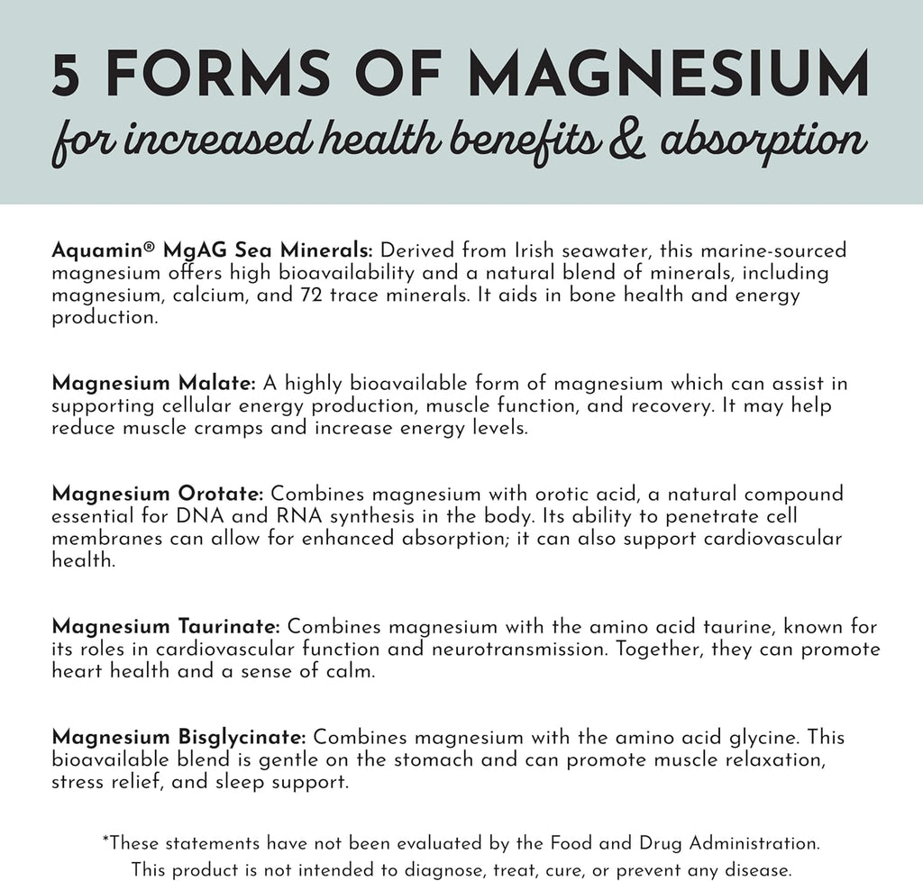 Magnesium Complex – 60‑Capsule Five Bioavailable Magnesium Forms (Aquamin® Sea Minerals, Malate, Orotate, Taurate, Bisglycinate) – Supports Relaxation, Sleep, Mood, Heart & Nervous System