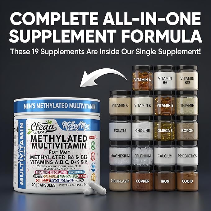 Methylated Multivitamin for Men with Vitamin B12 B6 Choline Magnesium Selenium CoQ10 Iodine Manganese Iron Boron Copper Thiamin Riboflavin Biotin Probiotics Omega 3 | Vegetarian Capsules Mens Vitamins