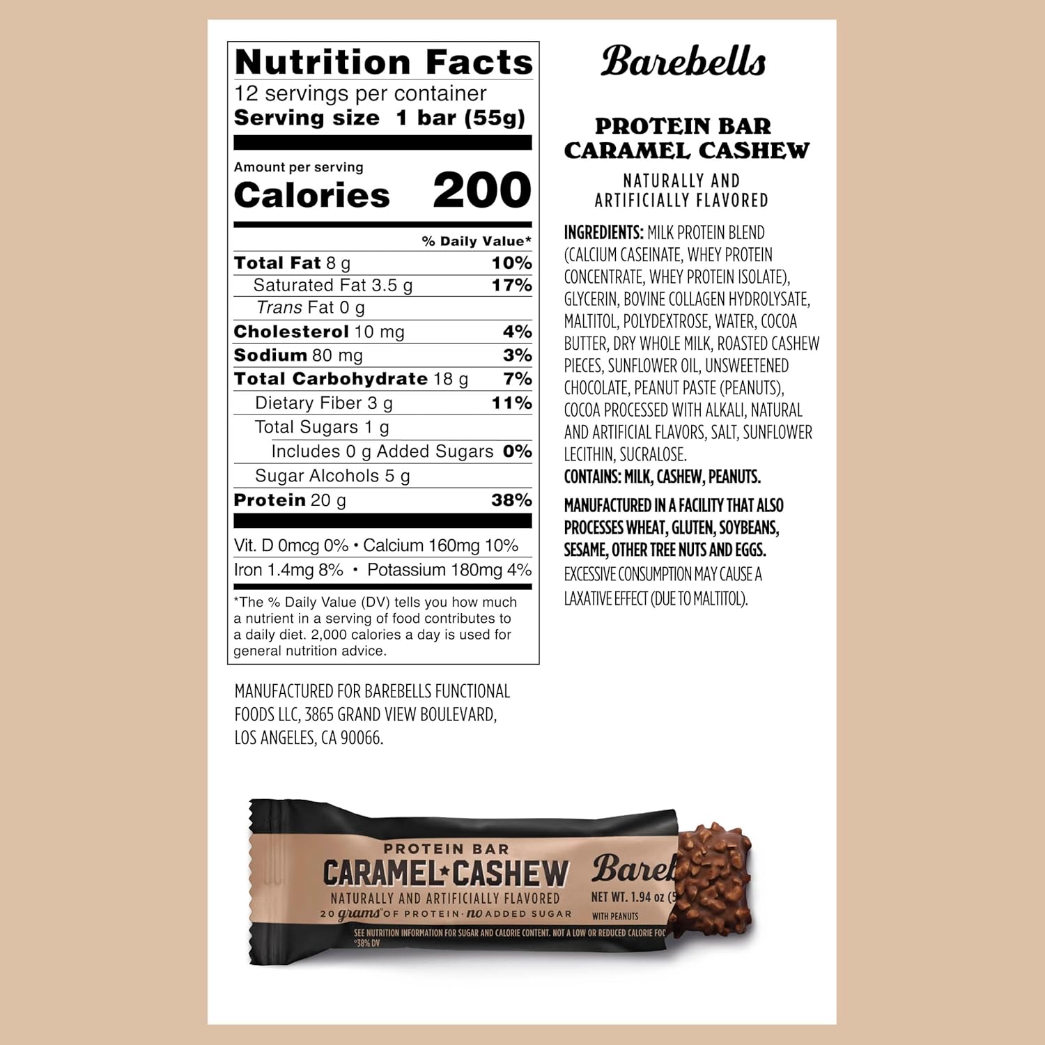 Barebells Protein Bars Caramel Cashew - 12 Count, 20g High Protein Treats - Chocolate Nutrition Bar with 1g Total Sugars - On-The-Go Breakfast or Post-Workout Snack