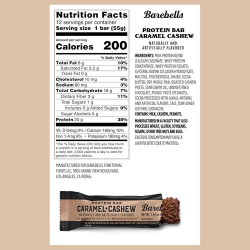 Barebells Protein Bars Caramel Cashew - 12 Count, 20g High Protein Treats - Chocolate Nutrition Bar with 1g Total Sugars - On-The-Go Breakfast or Post-Workout Snack