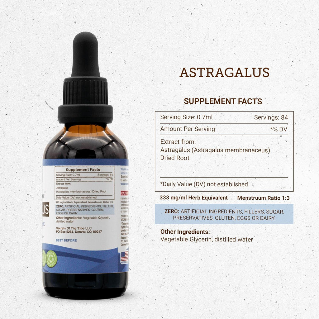 Secrets of the Tribe Astragalus Tincture Alcohol-Free Liquid Extract, Astragalus (Astragalus membranaceus) Dried Root (2 FL OZ)