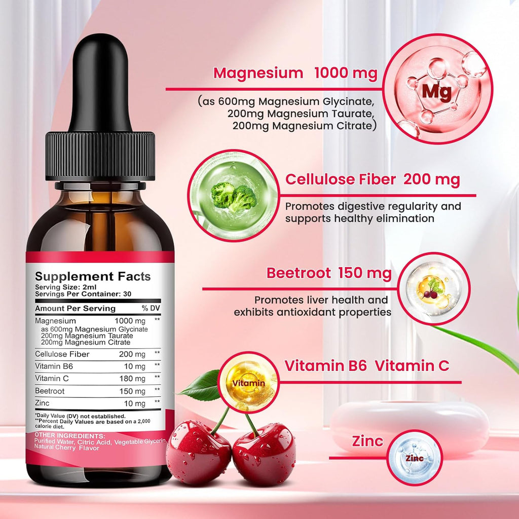 Magnesium Glycinate Liquid Drops, 1000mg Magnesium Glycinate, Citrate & Taurate with Fiber, Beetroot, Vitamin B & C for Sleep, Calm, Muscle, Energy & Relaxation, 2 Fl Oz, Sugar-Free Cherry Flavor
