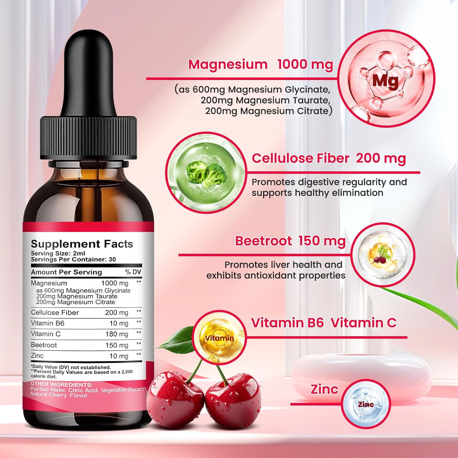 Magnesium Glycinate Liquid Drops, 1000mg Magnesium Glycinate, Citrate & Taurate with Fiber, Beetroot, Vitamin B & C for Sleep, Calm, Muscle, Energy & Relaxation, 2 Fl Oz, Sugar-Free Cherry Flavor