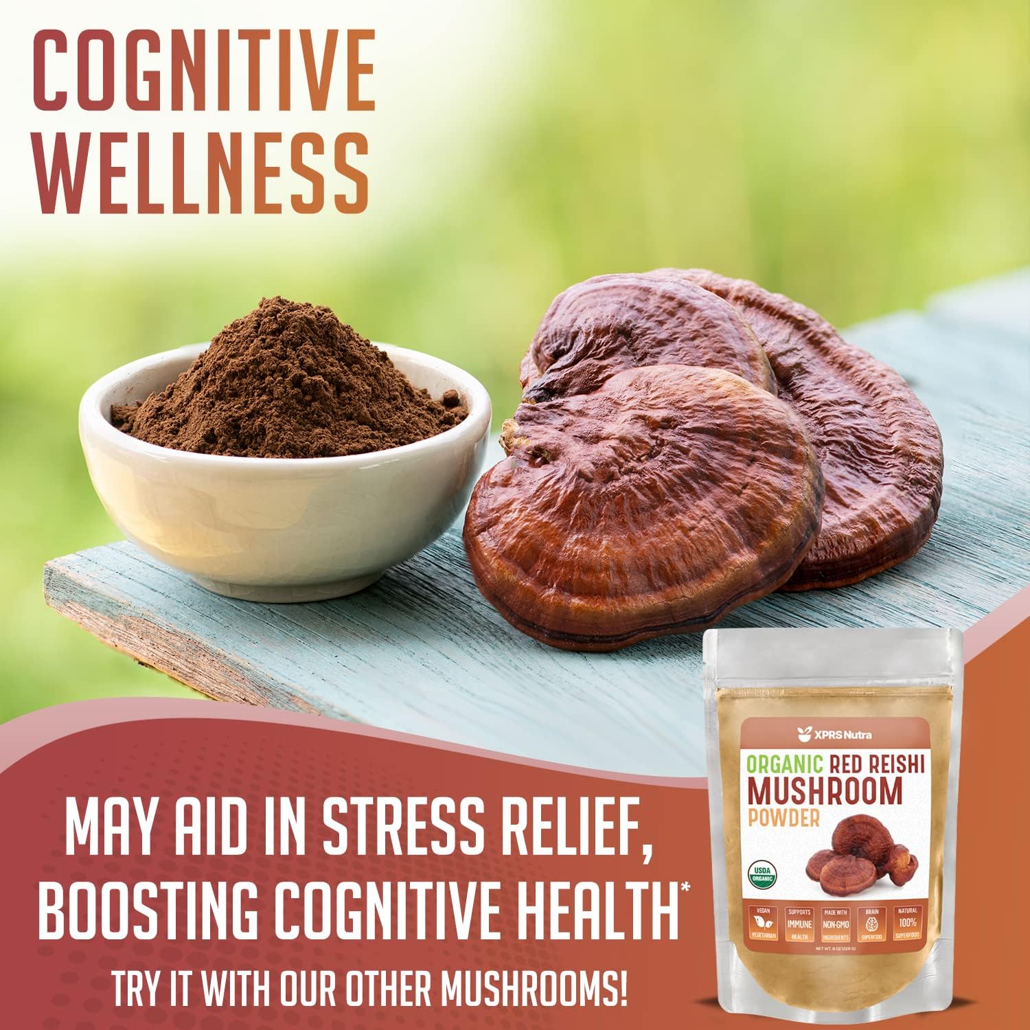 XPRS Nutra Organic Red Reishi Mushroom Powder - Premium Reishi Powder for Cognition - Vegan Reishi Mushrooms for Longevity and Energy (8 Ounce)