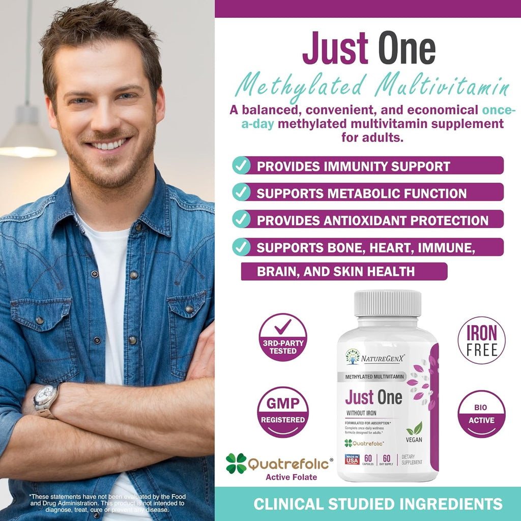 Just One Daily Methylated Multivitamin - 60 Caps Pure Methyl B12, Methylfolate MTHFR Support Supplement Iron Free Methylated Vitamins for Men & Women 2 Months Supply Gluten Free