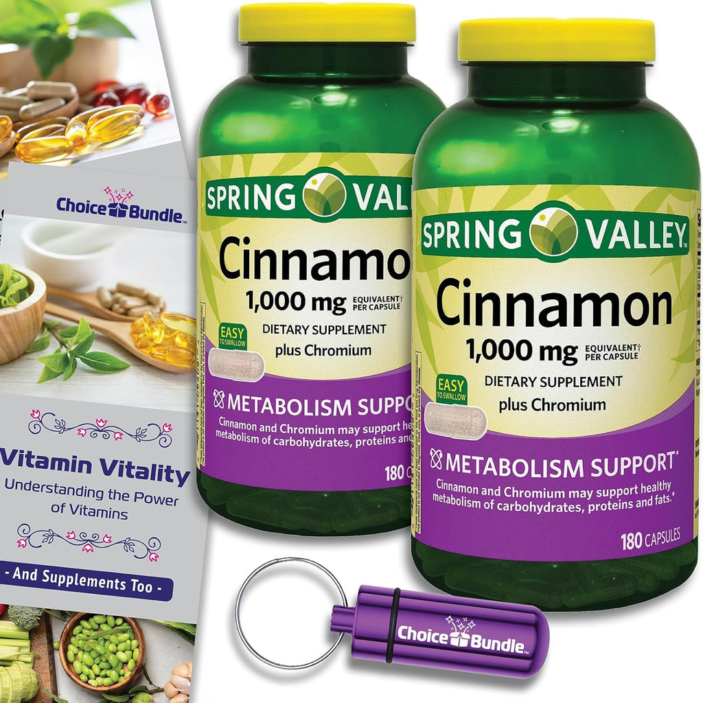 Choice Bundle Spring Valley Cinnamon Plus Chromium Capsules 1000 mg 180 Ct 2 Pk (360 Total) + Vitamin Vitality & Pill Container!