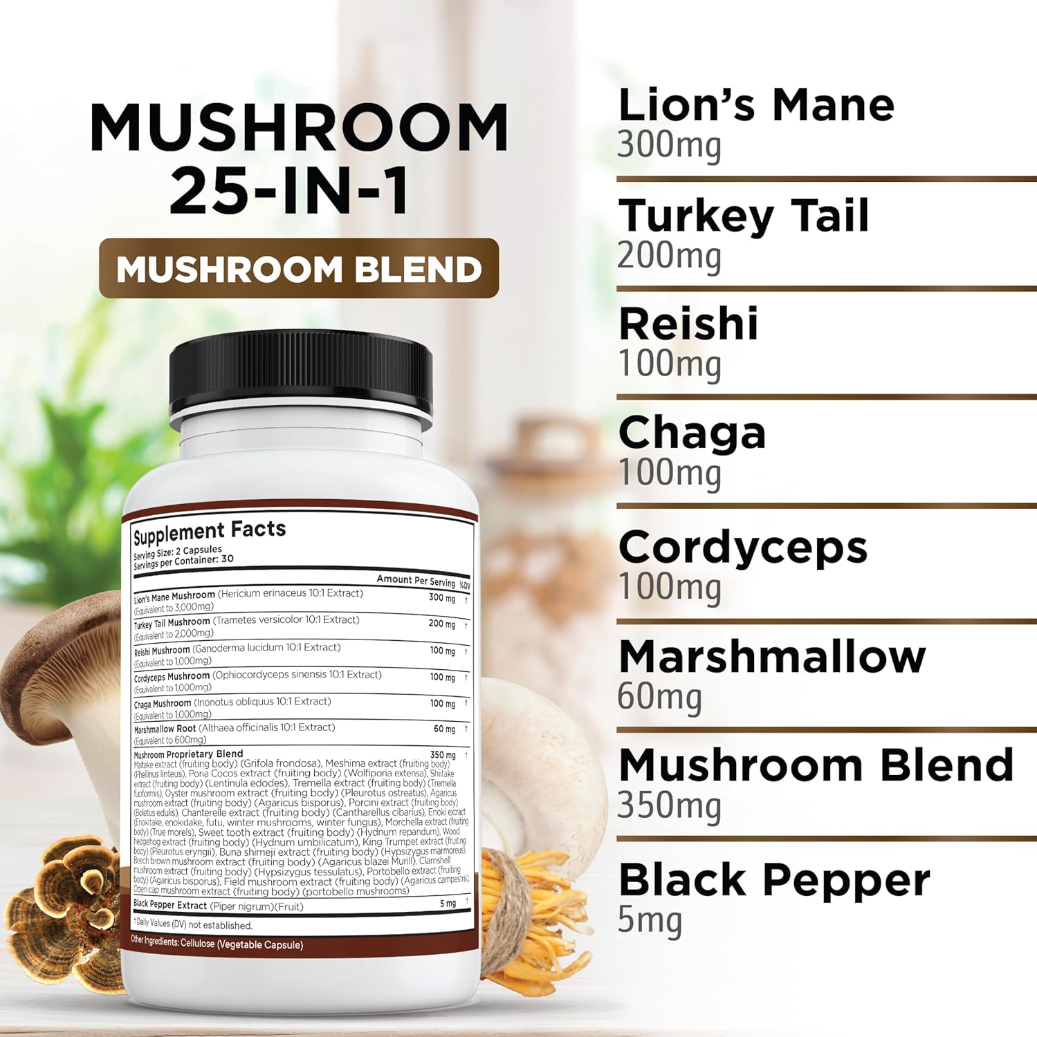 Lions Mane Mushroom Supplement with Turkey Tail Reishi Cordyceps Chaga with Marshmallow Root - 1-Pack