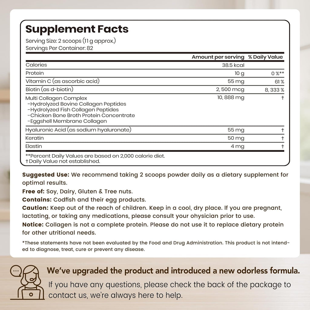 VEV Multi Collagen Peptides Powder Complex (I, II, III, V, X) 2LB – No Flavor, Hydrolyzed Protein Peptides, Elastin, Keratin