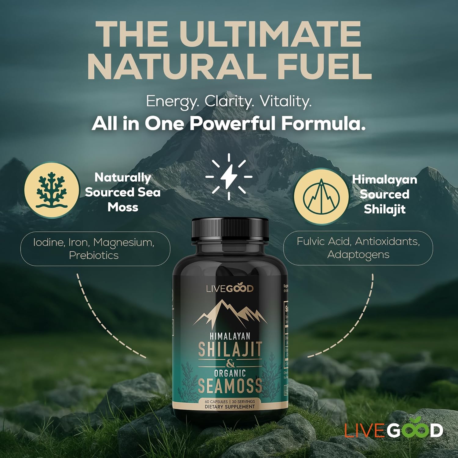 LIVEGOOD Himalayan Shilajit and Organic Sea Moss Capsules, Fulvic Acid Organic, Sea Moss and Shilajit Combo for Energy, Wellness and Vitality Support, Supports Focus and Mental Clarity (60 Count)
