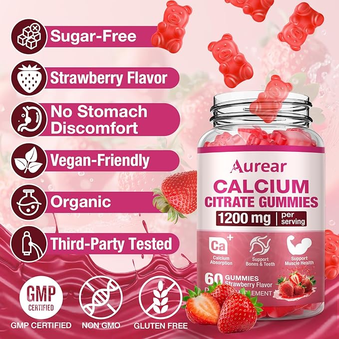 Calcium Citrate Gummies - Strawberry Flavor, 1200mg High Potency, Supports Bone, Muscle & Overall Wellness for Men, Women & Seniors, 60 Count Chewable Calcium Supplement (Pack of 2)