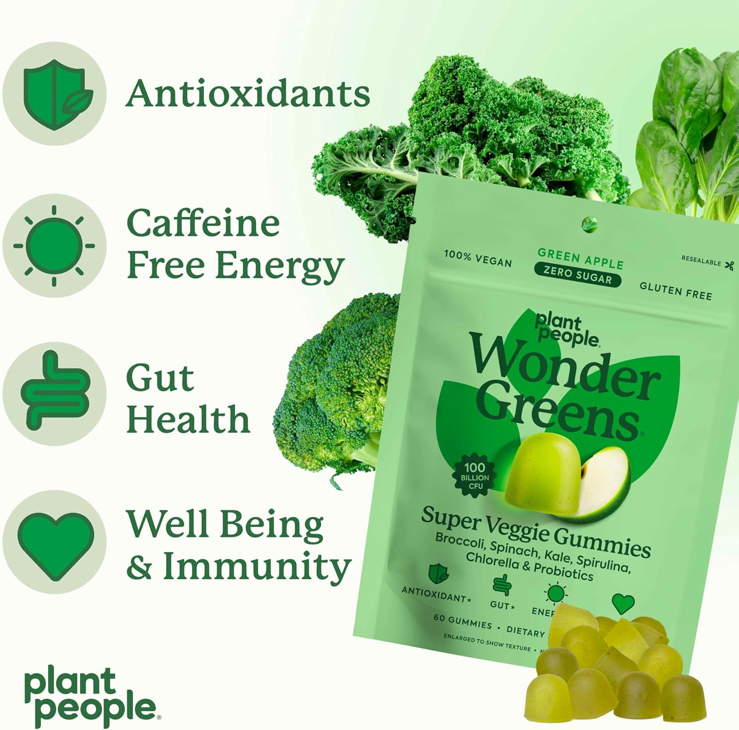 Plant People WonderGreens Veggie Gummies Super Greens with Probiotics Multivitamin Support Gummy for Wellbeing, Energy, Immune and Gut Health, Green Apple Flavor (60 Count)