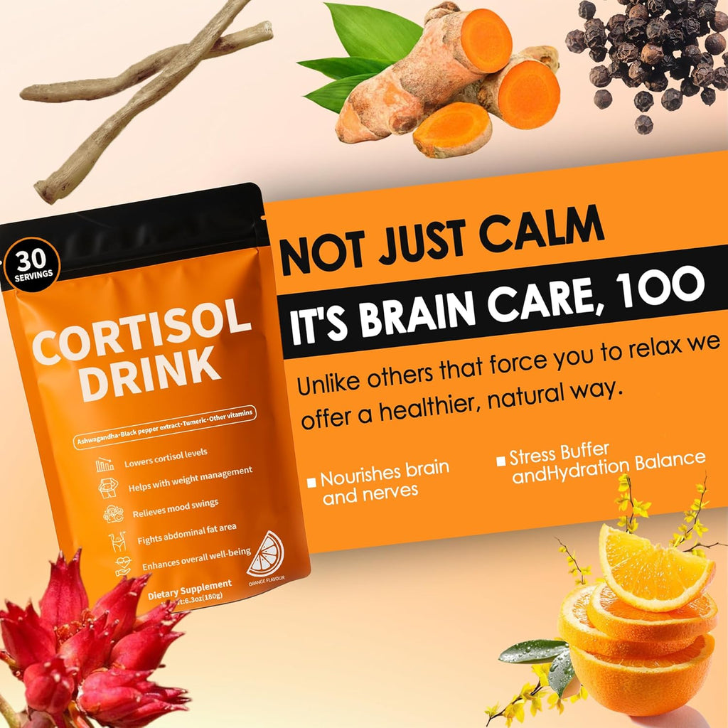 Cortisol Drink Powder - Natural Cortisol Supplements for Ashwagandha, L-Theanine, Turmeric Root, Black Pepper Extract, Relaxation, Focus, Mental Clarity