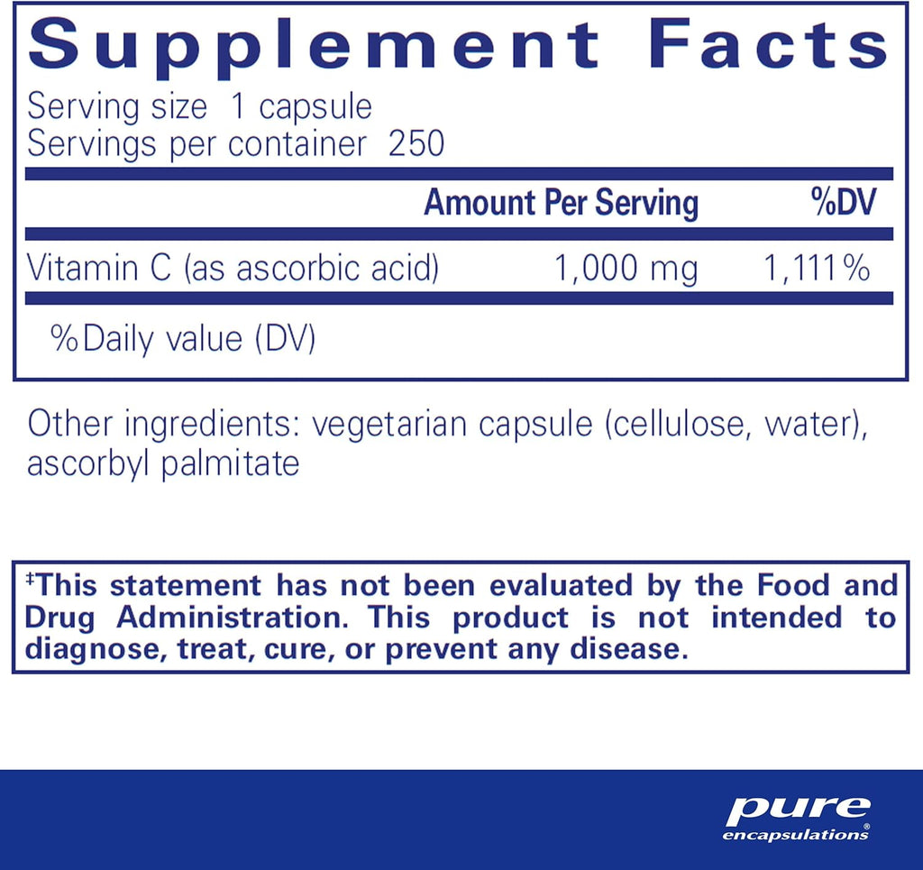 Pure Encapsulations Ascorbic Acid Capsules - 1,000 mg Vitamin C - Antioxidant & Immune Support* - High-Potency Vitamin C - Vegan & Non-GMO - 250 Capsules