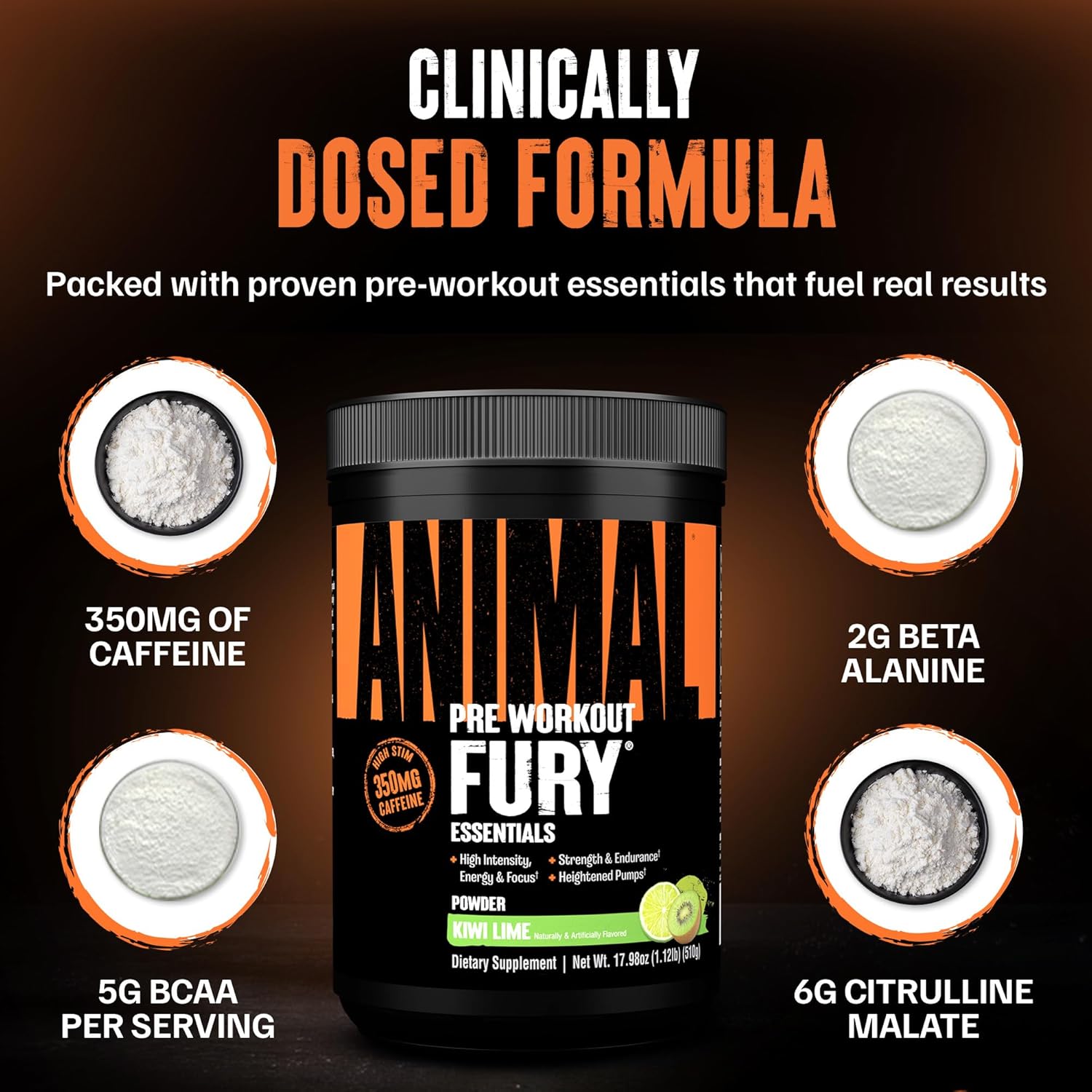 Animal Fury Pre Workout Powder - Kiwi Lime, 350mg Caffeine, BCAA Amino Acids, 2g Beta Alanine, Citrulline & Tyrosine, Energy, Focus, Strength, Endurance, Preworkout for Men & Women, 30 Servings