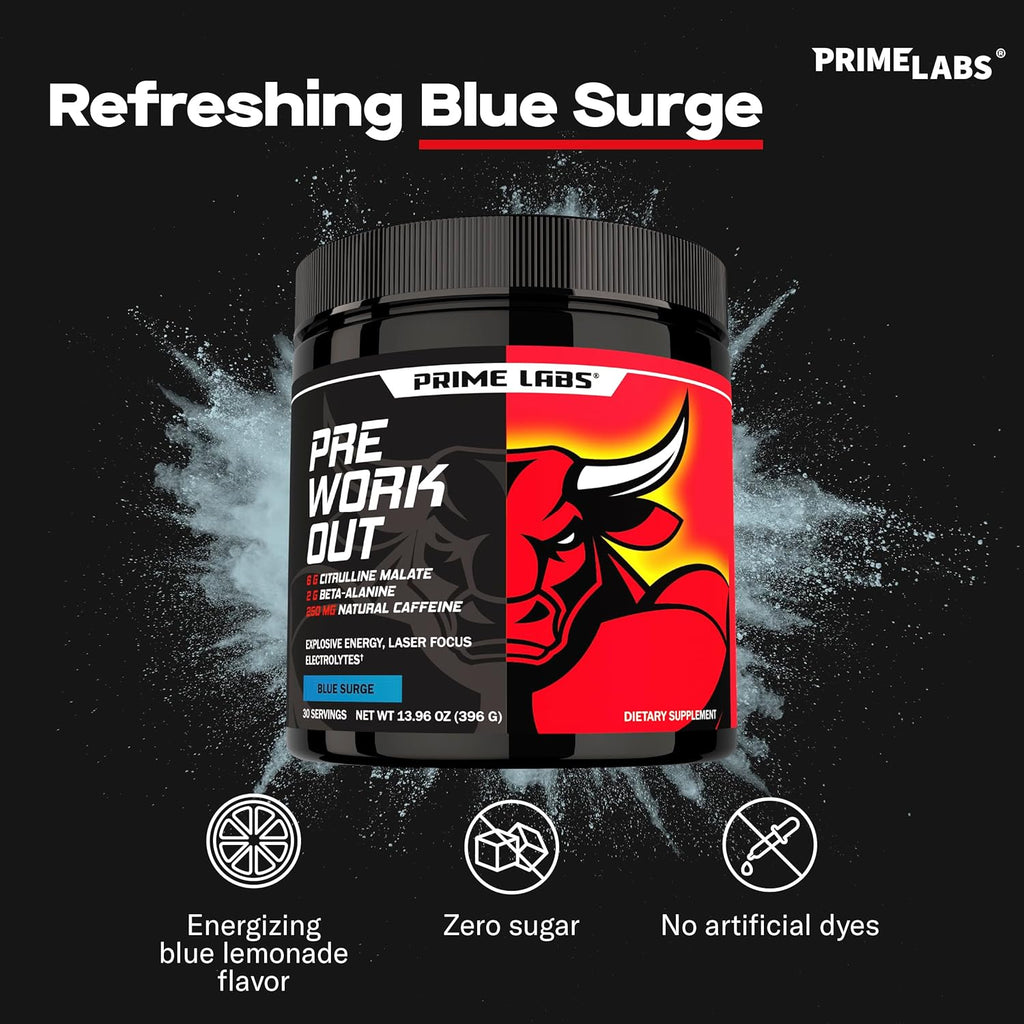Prime Labs Pre Workout Powder for Men - with Citrulline Malate, Beta-Alanine, and Natural Caffeine - Energy, Focus, Power - Blue Lemonade Flavor - 30 Servings