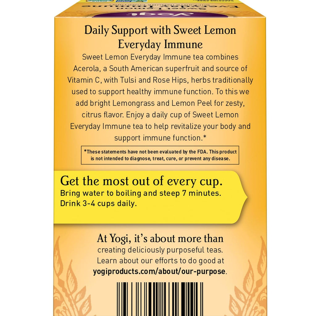 Yogi Tea Sweet Lemon Everyday Immune - 16 Bags per Pack (4 Packs) - Daily Immune Support Tea - Delicious Lemon Tea Bags - Includes Tulsi, Lemongrass, Rose Hip, Lemon Peel & More