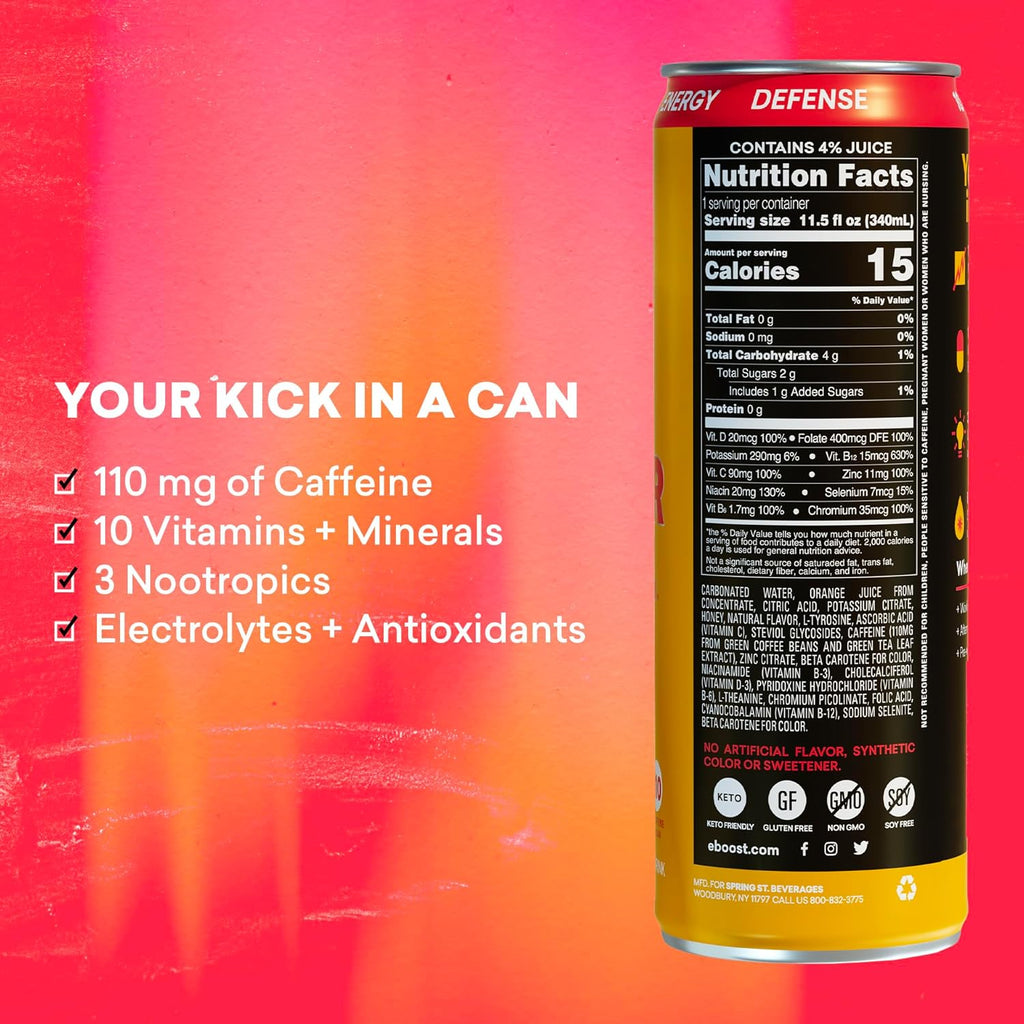 EBOOST Super Fuel Healthy Energy Drink - Caffeine from Natural & Clean Ingredients For Focus and Productivity -Taurine Free Pre-Workout With Electrolytes, Nootropic & Vitamins - Orange Mango, 12 Pack