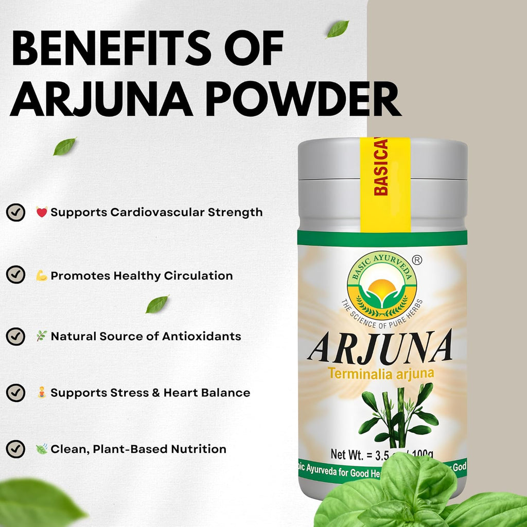 BASIC AYURVEDA Arjuna Bark Powder (Terminalia Arjuna) | Traditionally Used for Heart & Vitality Support | Pure & Natural | Non-GMO, Gluten-Free | 3.53 Oz (100g)