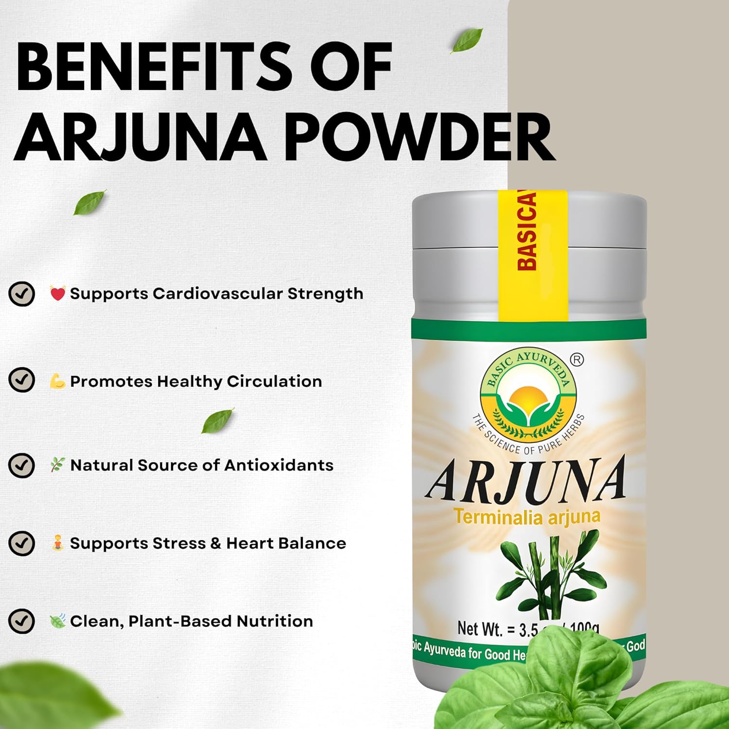 BASIC AYURVEDA Arjuna Bark Powder (Terminalia Arjuna) | Traditionally Used for Heart & Vitality Support | Pure & Natural | Non-GMO, Gluten-Free | 3.53 Oz (100g)