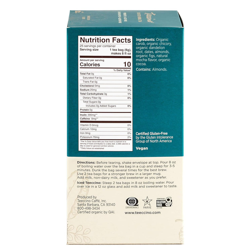 Teeccino Dandelion Mocha Tea - Caffeine-Free, Roasted Herbal Tea with Prebiotics, 3x More Herbs than Regular Tea Bags - Gluten-Free, Acid-Free Coffee Alternative - 25 Tea Bags (Pack of 3)