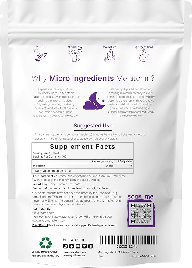 Micro Ingredients Melatonin 20mg, 400 Tablets | Natural Strawberry Flavor | Fast Dissolve | No Drug | Vegetarian Friendly | Non-GMO, No Gluten, Sugar Free