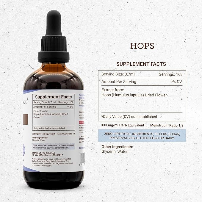 Secrets of the Tribe Hops Tincture Alcohol-Free Liquid Extract, Hops (Humulus Lupulus) Dried Flower (4 FL OZ)