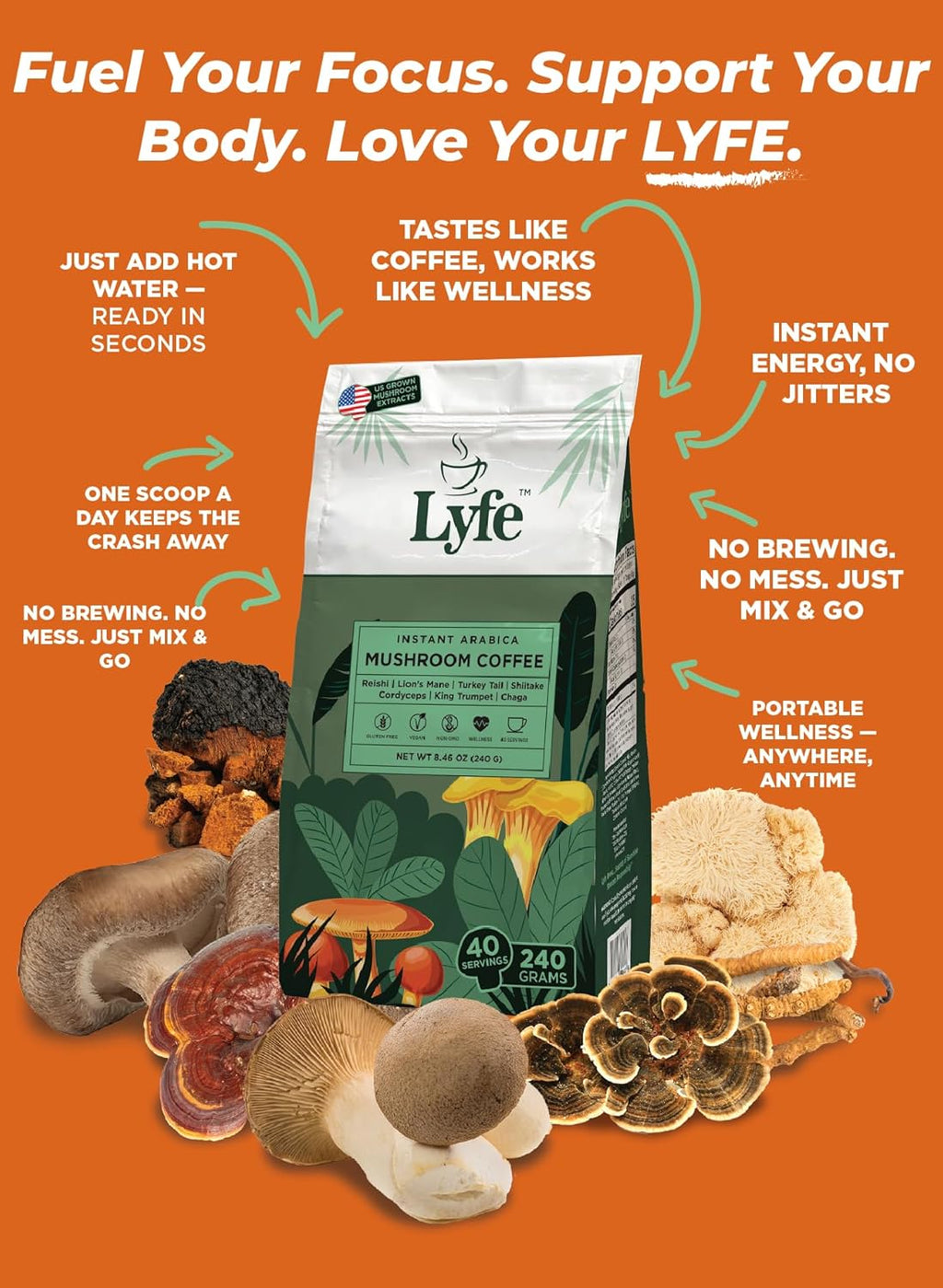 LYFE Organic Instant Decaf Mushroom Coffee – Lion’s Mane, Chaga, Cordyceps, Turkey Tail | USA Grown Adaptogenic Mushrooms for Better Energy, Focus, Gut Health, Immunity – 40 Servings