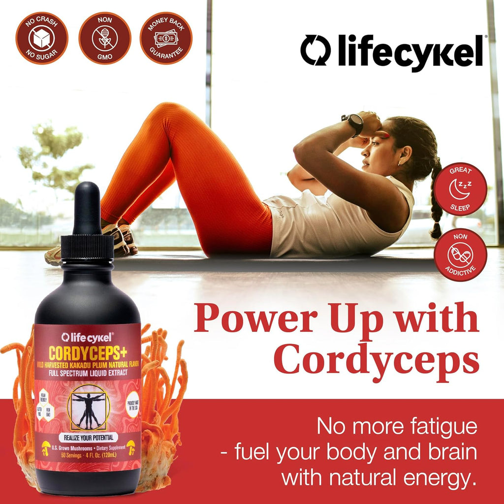 Lifecykel Cordyceps Mushroom Extract with Kakadu Plum - Energy, Stamina & Vitality Support, Natural Aging Supplement - Non-GMO and Vegan Tincture - 4Fl Oz