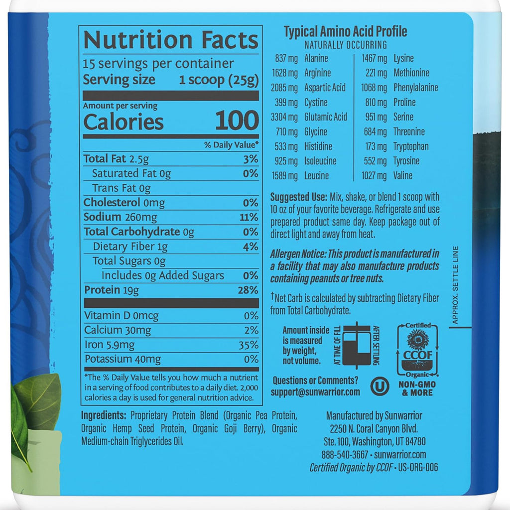 Sunwarrior Organic Plant Based Protein Powder | Vegan Organic Protein Powder Unflavored with BCAA Amino Acids & Hemp Seed Pea Blend | Non-GMO Soy Dairy Filler & Gluten Free (Unflavored, 15 Servings)