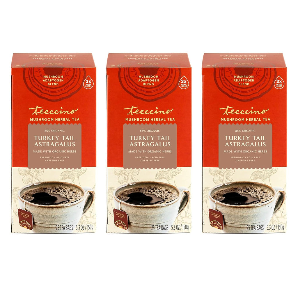 Teeccino Mushroom Herbal Tea - Turkey Tail Astragalus Toasted Maple - Caffeine Free, Prebiotic, 3x More Herbs - 25 Tea Bags, Pack of 3