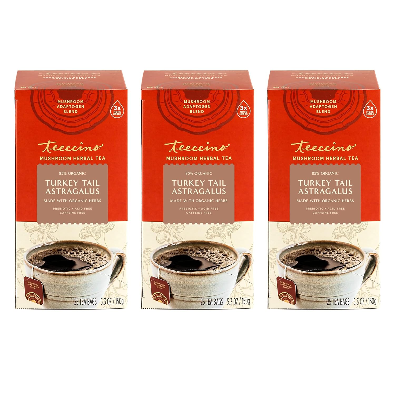 Teeccino Mushroom Herbal Tea - Turkey Tail Astragalus Toasted Maple - Caffeine Free, Prebiotic, 3x More Herbs - 25 Tea Bags, Pack of 3