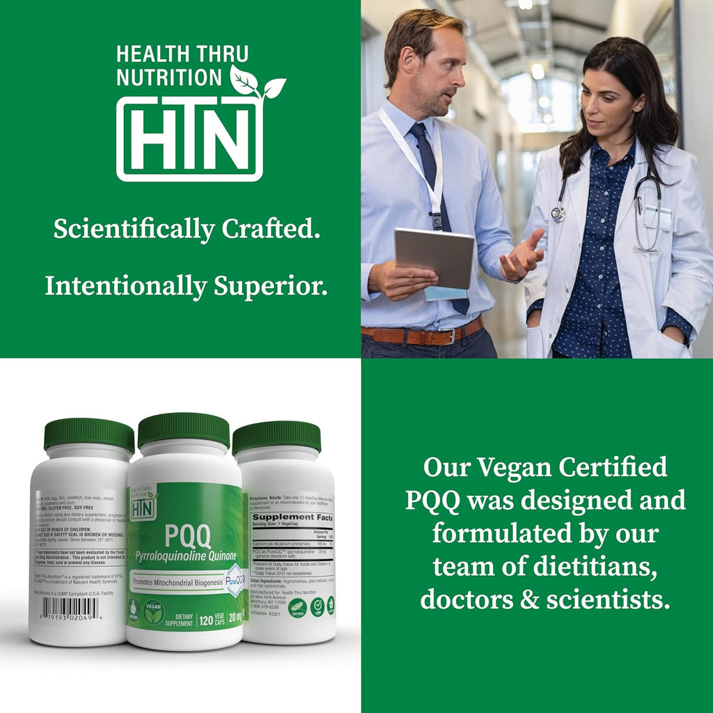 Health Thru Nutrition PQQ 20mg 120 Servings Pyrroloquinoline Quinone as PureQQ | Promotes Mitochondrial Biogenesis | Certified Vegan | Non-GMO Gluten Soy Free Capsules| Clean Label PQQ Supplement