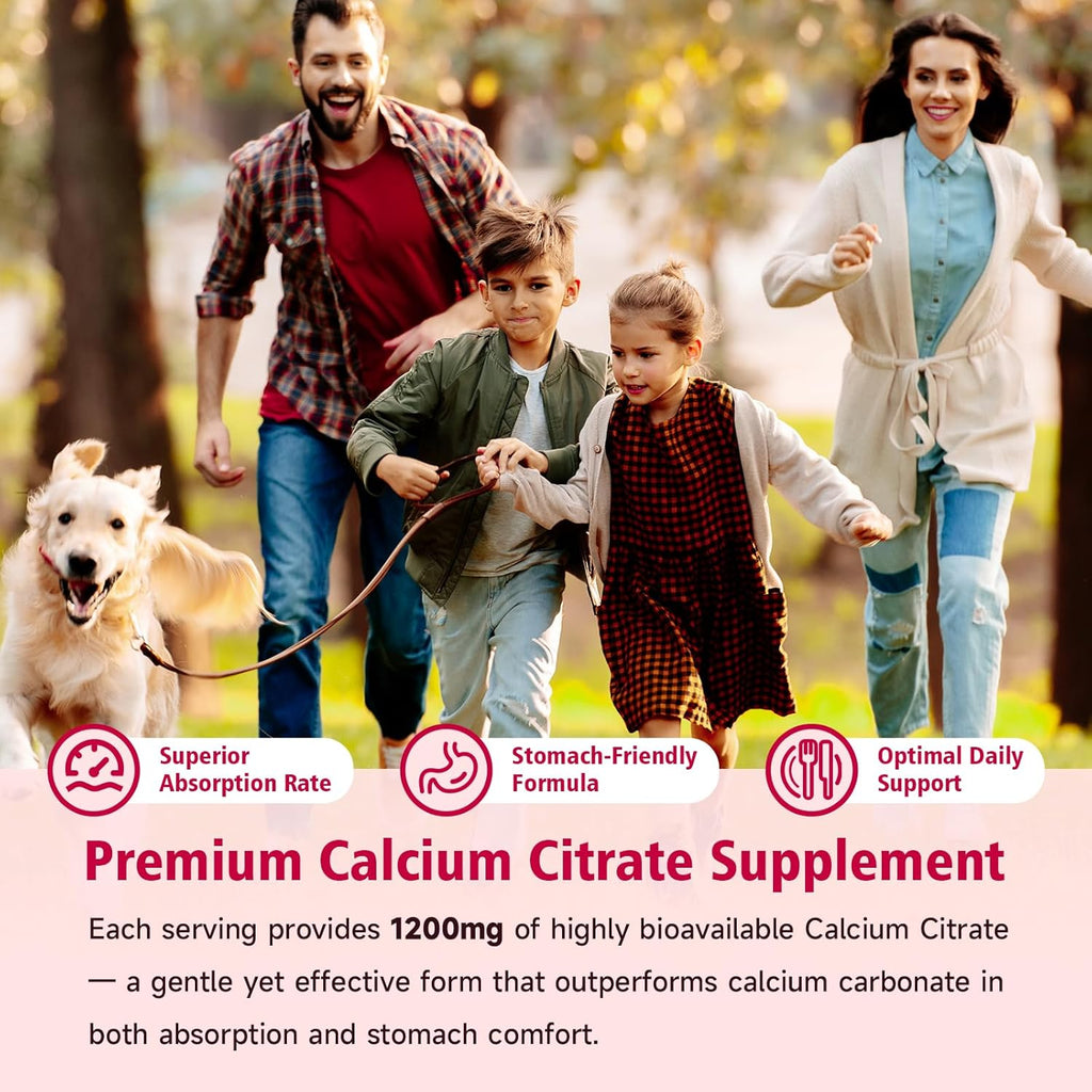 High Absorption Calcium Citrate Gummies 1200mg - Bone & Teeth Support for Adults & Kids, Vegan Sugar-Free Gummies, Strawberry Flavor, 60 Count