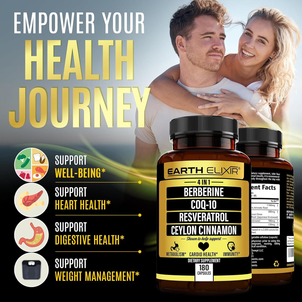 4-in-1 Berberine Supplement 1160mg (180 Caps) w/ 180mg COQ10, 380mg Resveratrol & 120mg of Ceylon Cinnamon –3rd Party Tested– Berberine w/Ceylon Cinnamon Supplements –Max Purity– CO Q 10
