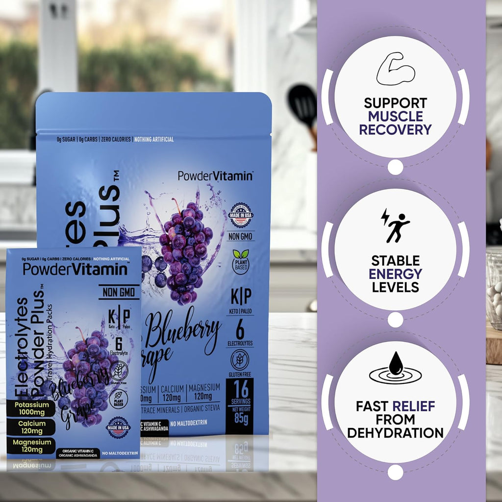 PowderVitamin Electrolytes Powder Plus, Keto, Blueberry Grape, Sugar Free, Pink Himalayan Salt, 1000mg Potassium, 120mg Calcium, 120mg Magnesium, Non-GMO, Zero Calories, (16 Hydration Packets)