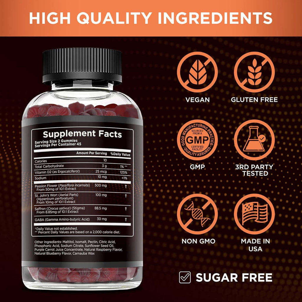 Saffron Gummies | Sugar-Free Supplement with Vitamin D2, Passion Flower, St. John’s Wort & GABA | Positive Mood, Digestion, Energy | Natural Berry Flavor, Made in USA (90 Count)