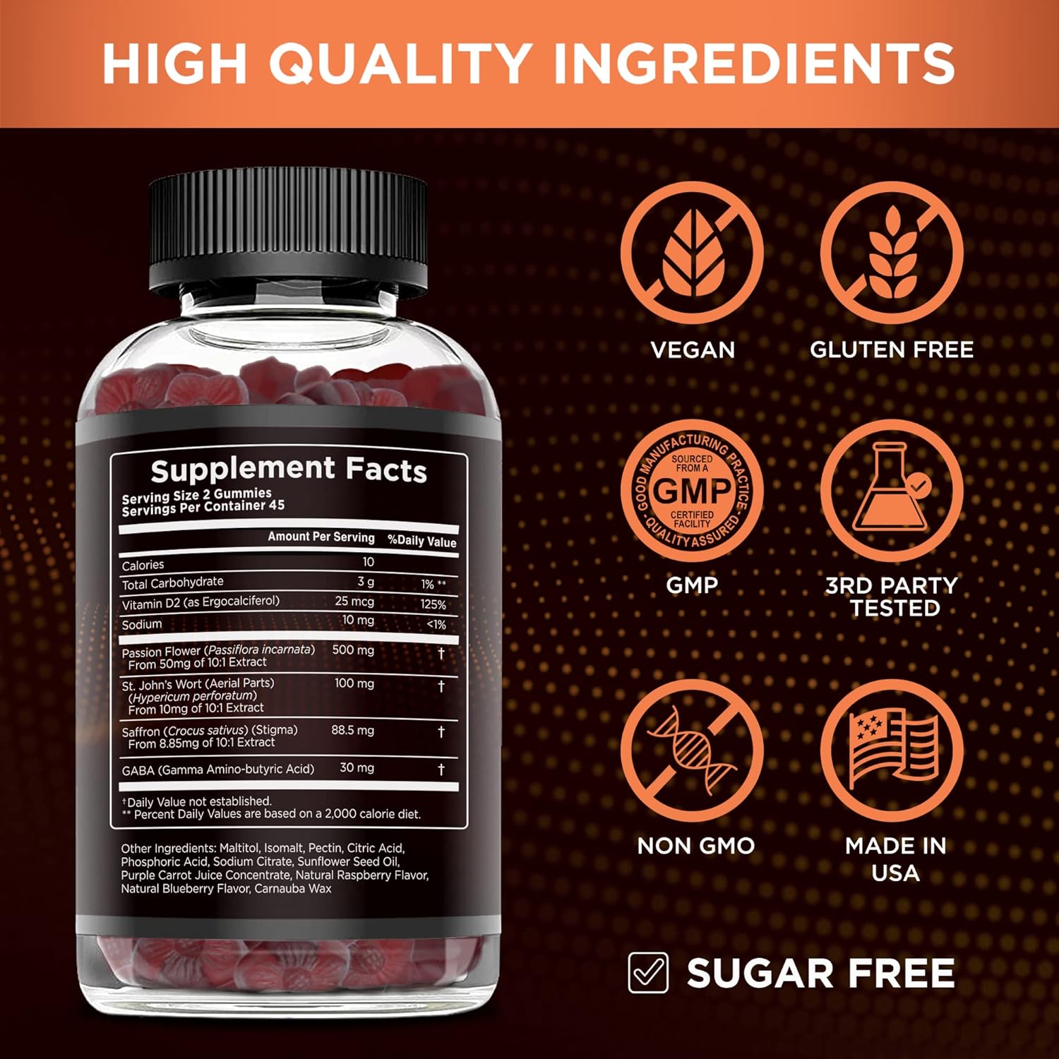 Saffron Gummies | Sugar-Free Supplement with Vitamin D2, Passion Flower, St. John’s Wort & GABA | Positive Mood, Digestion, Energy | Natural Berry Flavor, Made in USA (90 Count)
