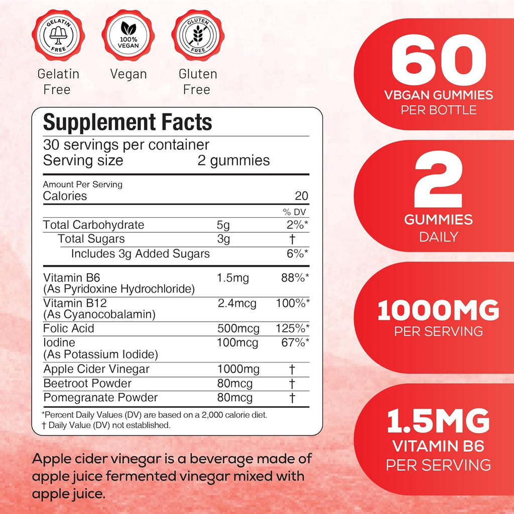 Apple Cider Vinegar Gummies with Vitamins - Delicious Apple Flavor for Women's Health, Metabolism Support & Digestive Wellness, 1000mg ACV with B12, B6, Folic Acid, 120 Vegan Gummies