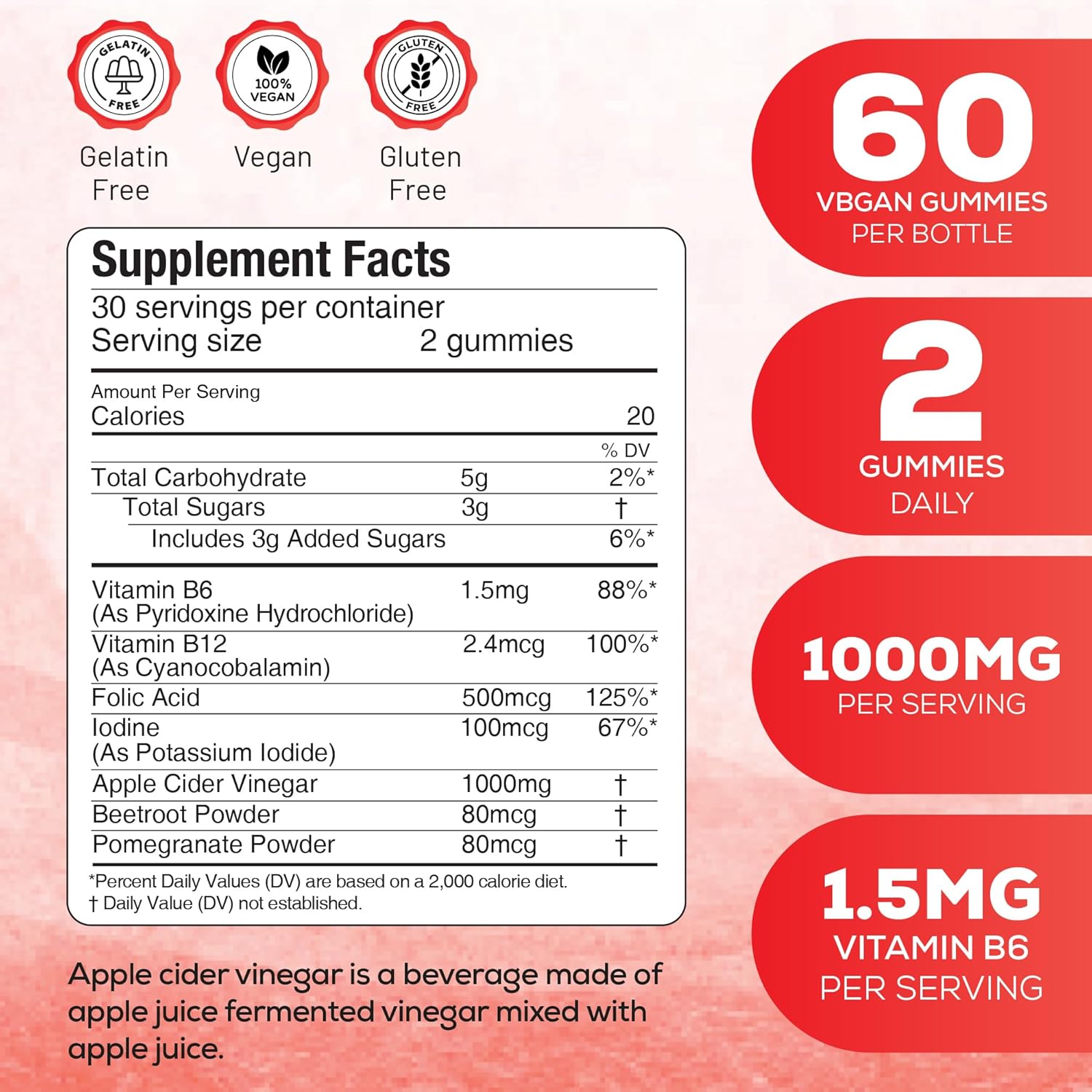 Apple Cider Vinegar Gummies with Vitamins - Delicious Apple Flavor for Women's Health, Metabolism Support & Digestive Wellness, 1000mg ACV with B12, B6, Folic Acid, 120 Vegan Gummies