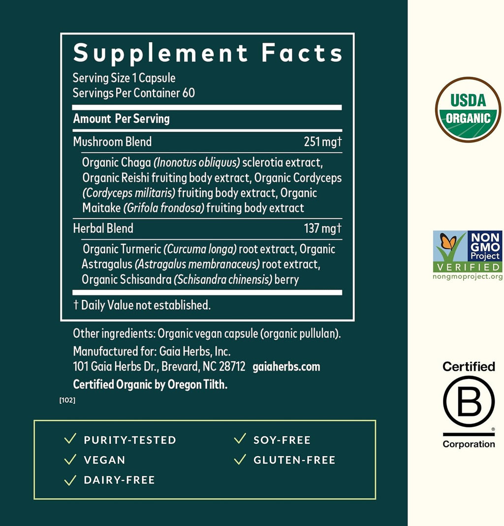 Gaia Herbs Everyday Immune Mushrooms&Herbs-Immune Support Supplement to Help Aid Overall Wellness* -with Turmeric Curcumin, Astragalus, Cordyceps, and Chaga Mushrooms-60 Vegan Capsules(30-Day Supply)