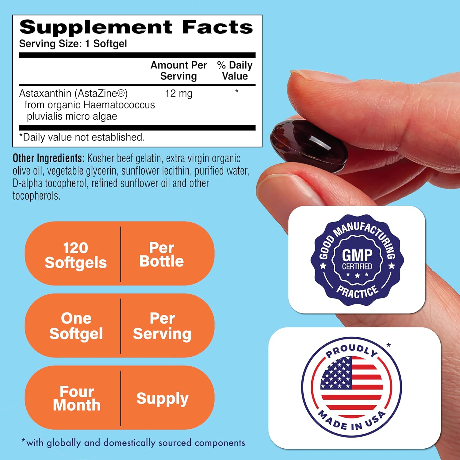 Health Thru Nutrition Astaxanthin Triple Strength 12mg Supplement 120 Softgels | AstaZine from Algae Organically Grown in Pristine Himalayan Water | Skin and Vision Support