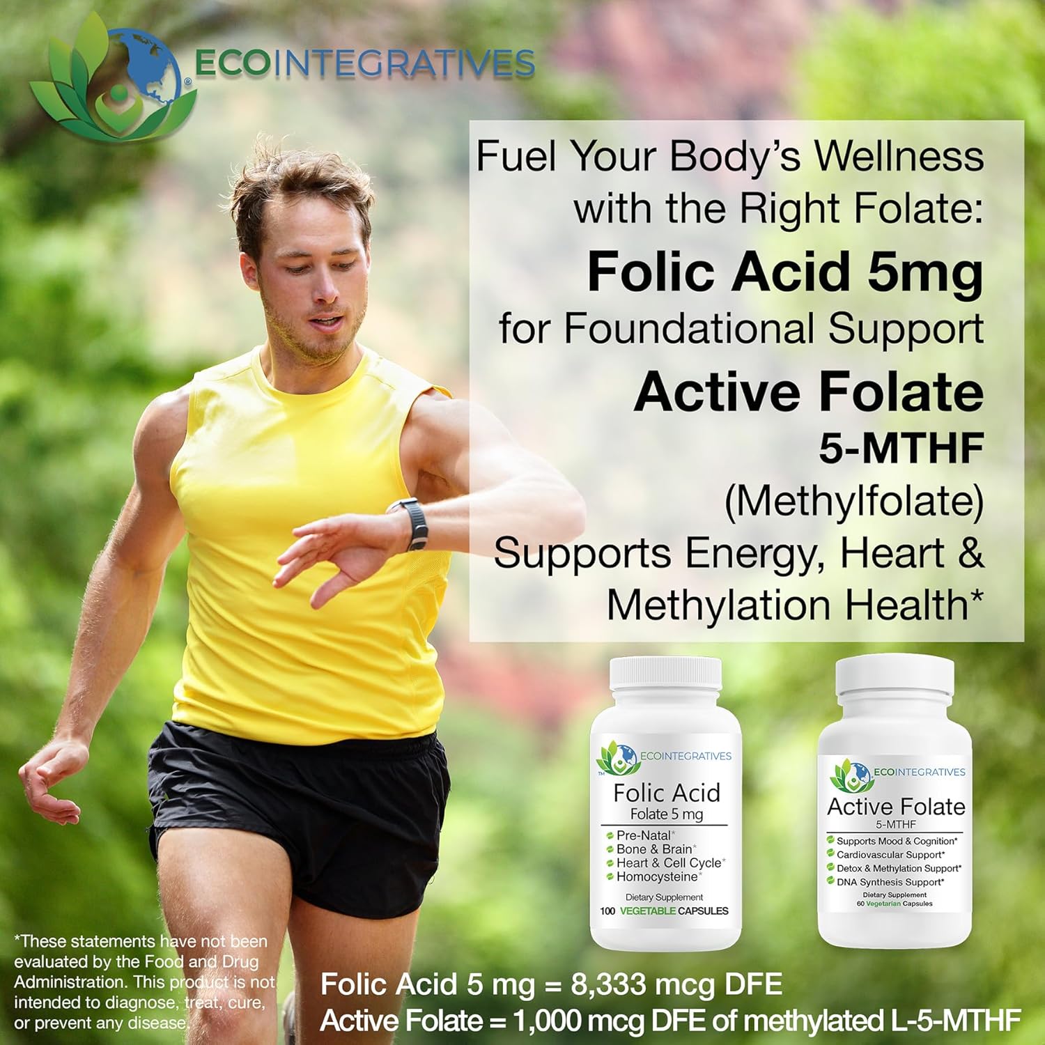 EcoIntegratives® Active Folate 5-MTHF – Methylated Folate 1000 mcg (1700 mcg DFE) – Bioavailable B9 for Mood, Methylation, Prenatal and Heart Health* – Vegan, Gluten-Free, Non-GMO – 60 Capsules