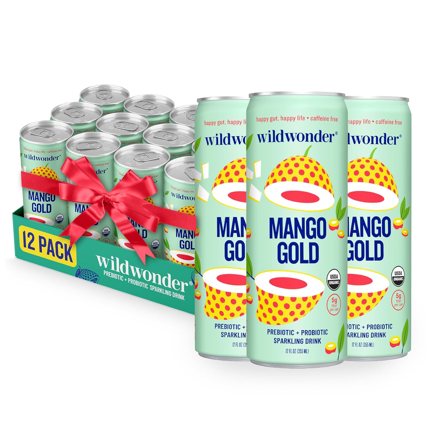 wildwonder Sparkling Probiotic Drink 12pk, For Gut Health & Immune Support, Mango Gold, 5g Prebiotic Fiber, Live Probiotics, Organic, Vegan, Low Sugar, 12 Pack, 12oz Can, As Seen on Shark Tank