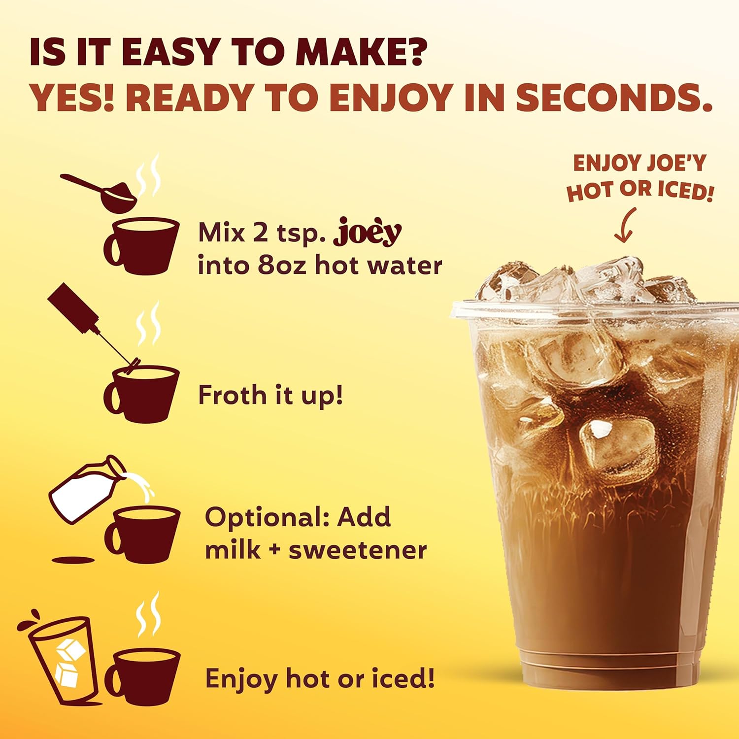 Joey Mushroom Coffee Alternative with Cacao Dandelion Root, and Chicory, Instant Mushroom Coffee Substitute with Superfoods, Vegan Gluten-Free Energy Drink for Focus and Calm, 18 Servings