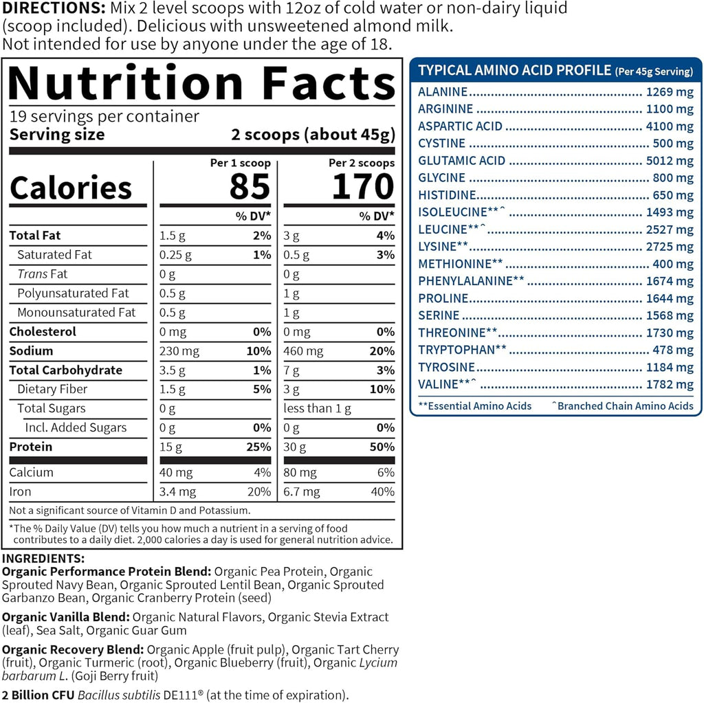 Garden of Life Organic Vegan Protein Powder with Probiotics, BCAAs, NSF Certified, Gluten Free & Sport, Non GMO, Sport Protein Powder, 19 Servings, Vanilla