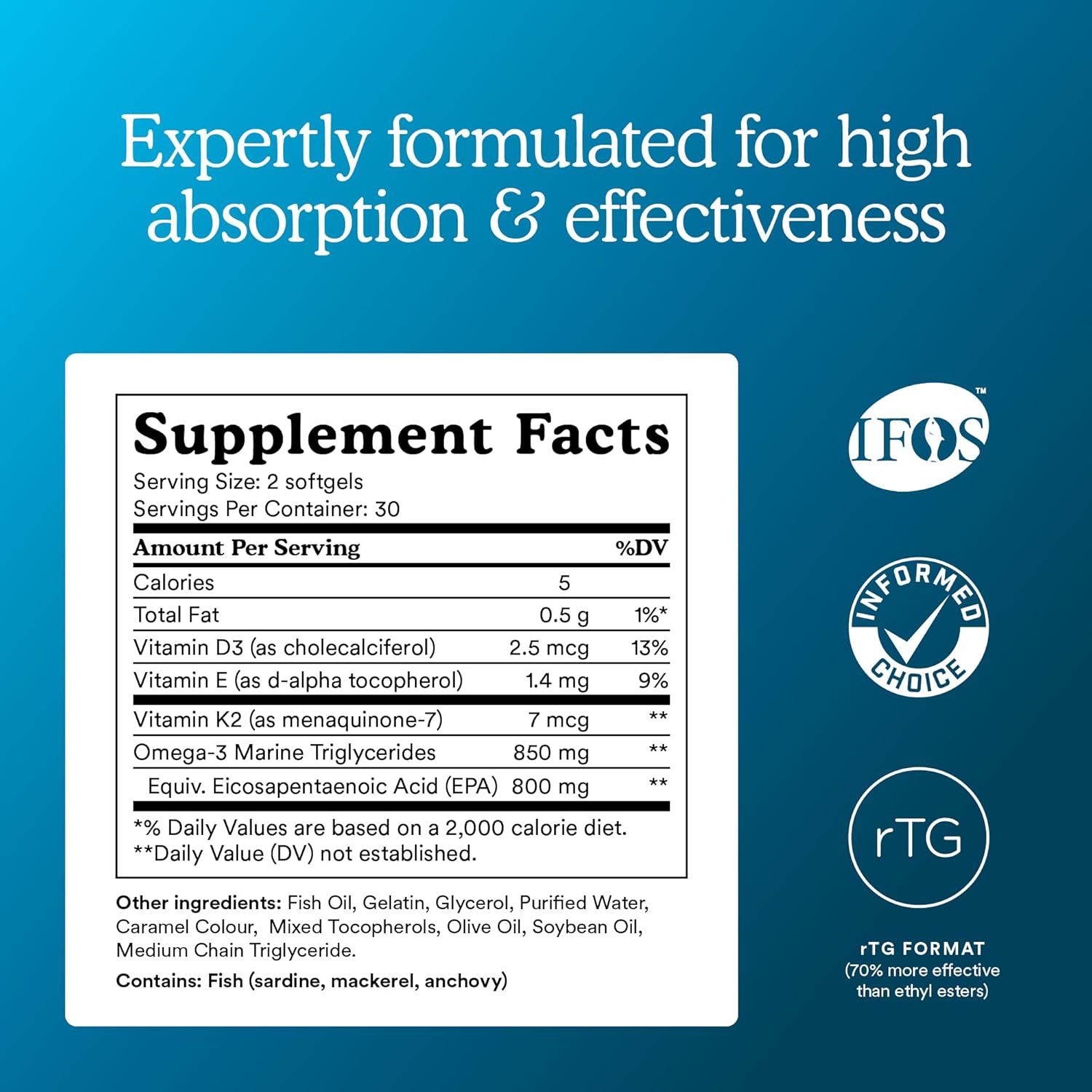 MitoQ Advanced EPA Omega-3 – High-Purity 800mg EPA Fish Oil Supplement | with Vitamin K2, D3, E | Cardiovascular, Brain, Cellular Support | No Fishy Aftertaste | 60 Softgels