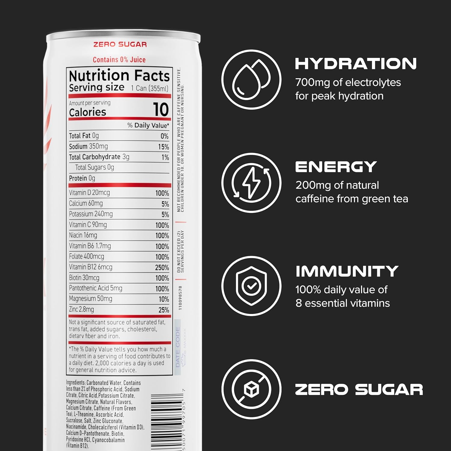 PHX Hydration Energy Drink - 700mg Electrolytes, 200mg Natural Green Tea Caffeine, 100% Daily Value 8 Essential Vitamins - 12 oz Cans (12 Pack) (12 Pack, Watermelon Lime)