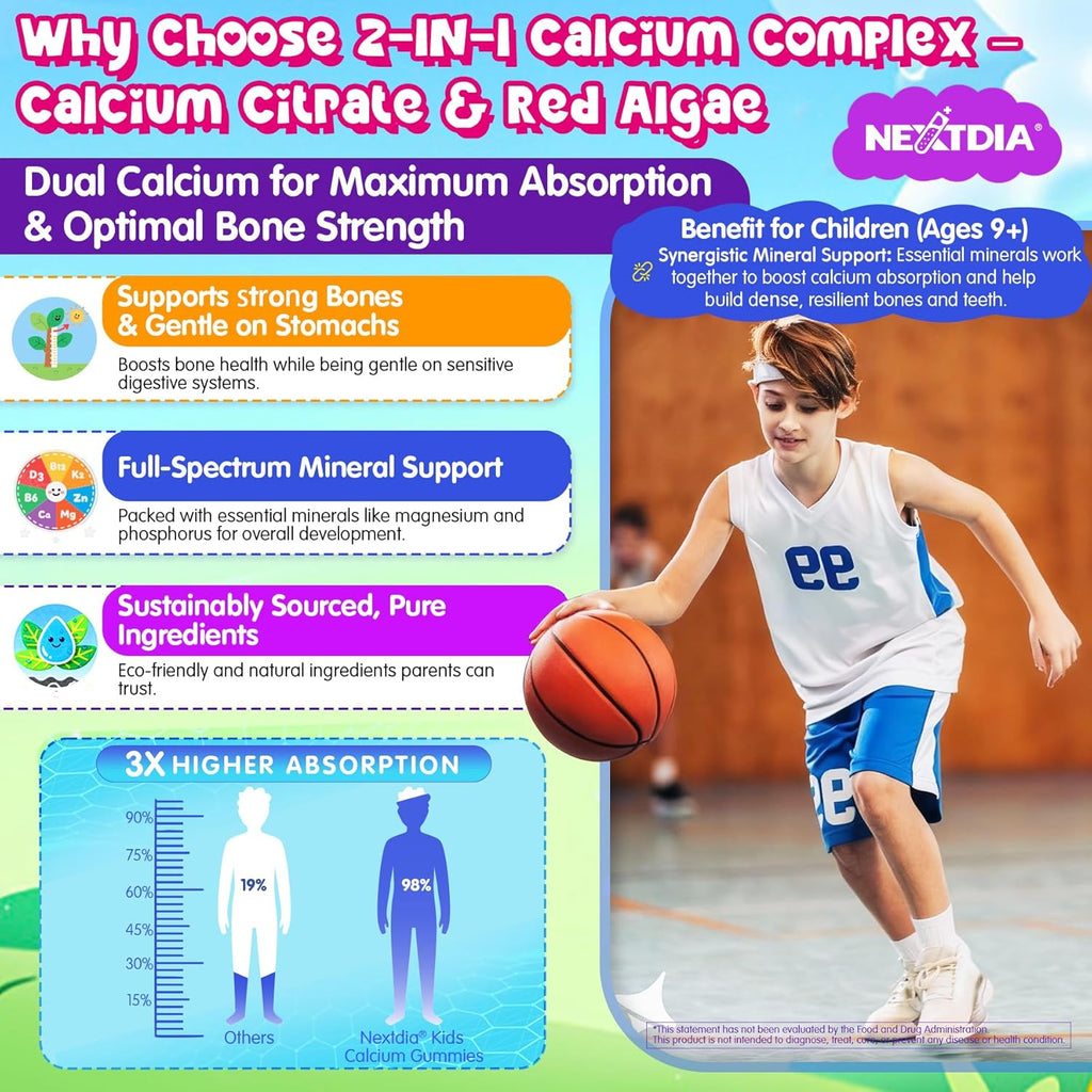 Kids Calcium Soft Chews + D3 & K2 for 9+, Calcium Gummies with Calcium Citrate & Red Algae Calcium, Lion's Mane, Omega-3, Magnesium for Bone Health, Teeth, Energy, Brain & Mṍṍd Support, 60Cts