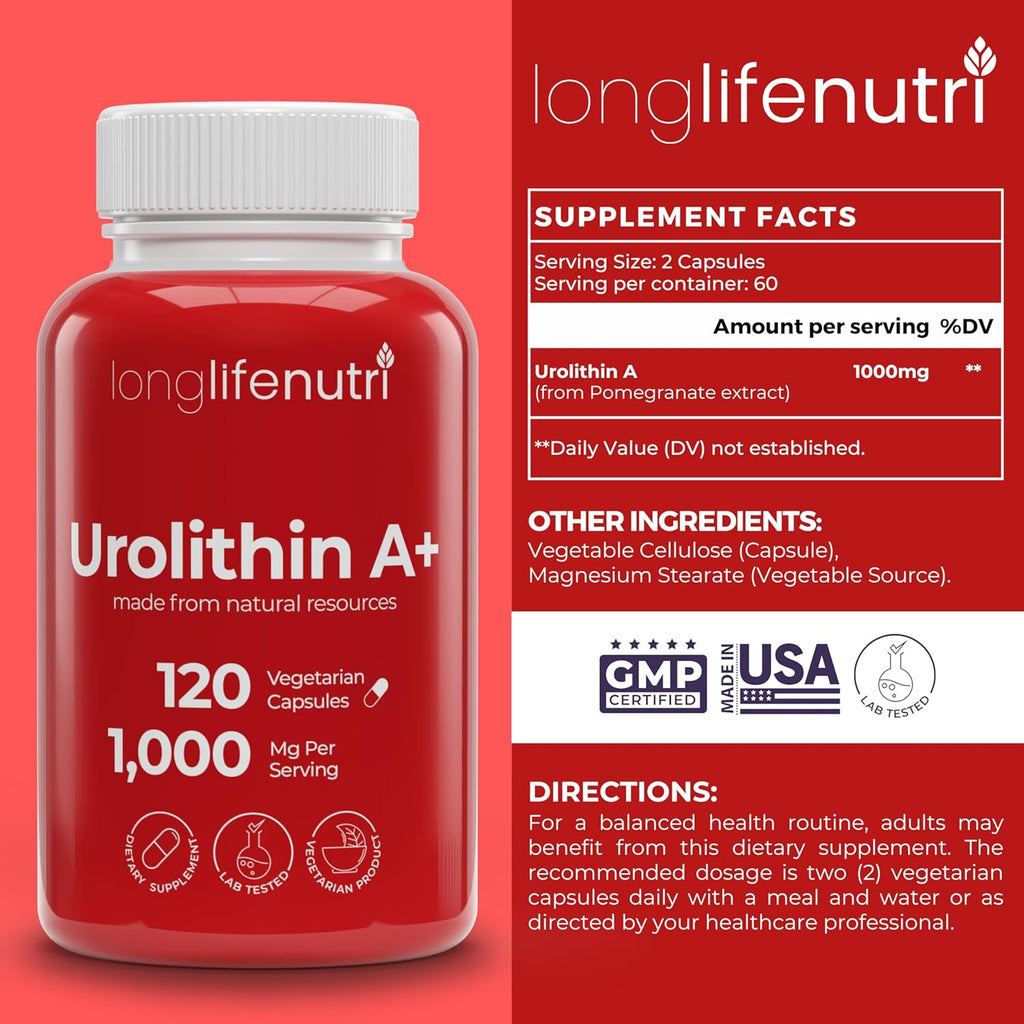 Urolithin A+ 1000mg Supplement - Advanced Formula, 120 Vegetarian Capsules, 2-Month Supply, Pomegranate Extract for Healthy Aging & Longevity, Lab Tested, Organic, Made in USA